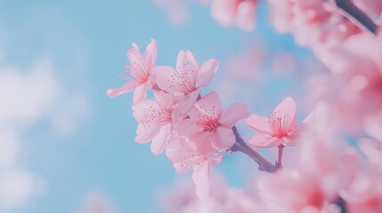 Fototapeta premium Pink Cherry Blossoms Blooming Against a Clear Blue Sky Nature Background
