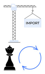 Cargo crane holding import container, black chess piece symbolizing strategy, and circular arrows representing process or cycle. Ideal for logistics, strategy, global trade, planning, management