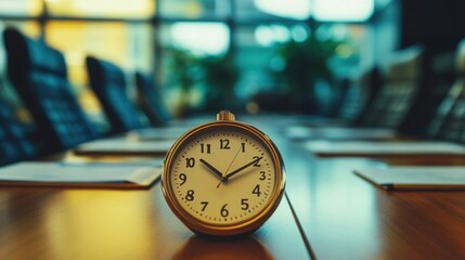 A golden analog clock resting on a polished wooden surface