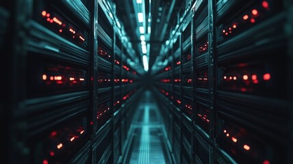Fototapeta premium Dark Server Room Corridor With Red Lights Illuminating Servers