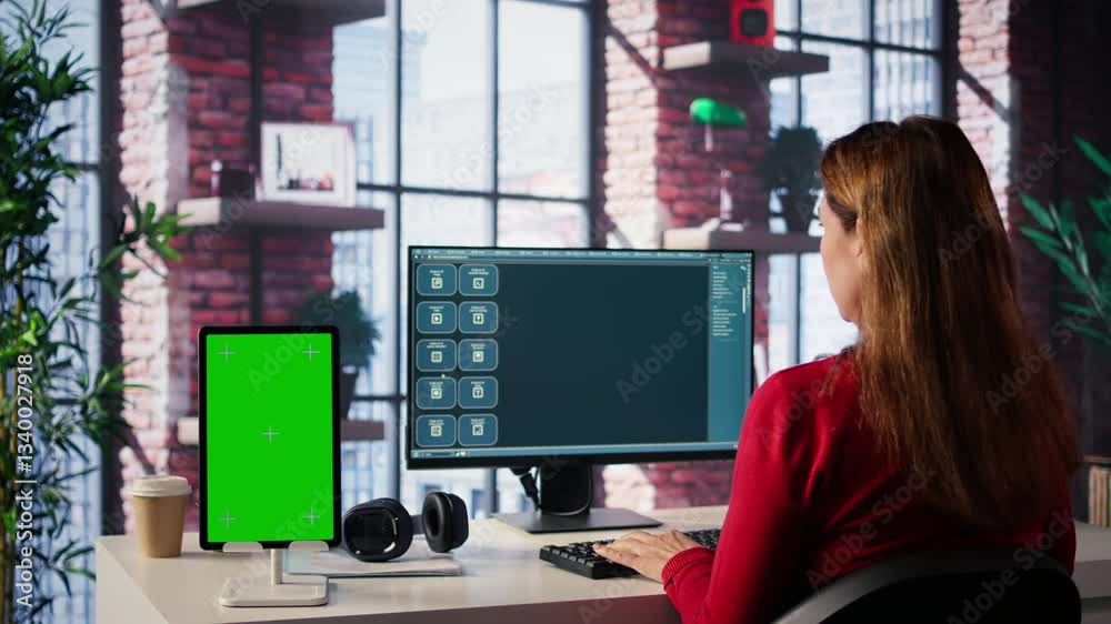 Poster mature adult utilizes a digital ai tool on web interface next to green screen, remote work. artifici