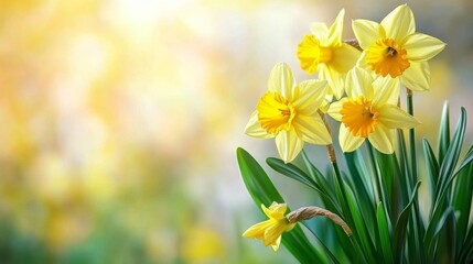 Fototapeta premium Yellow Daffodils Blooming in Springtime with Sunny Background and Green Leaves