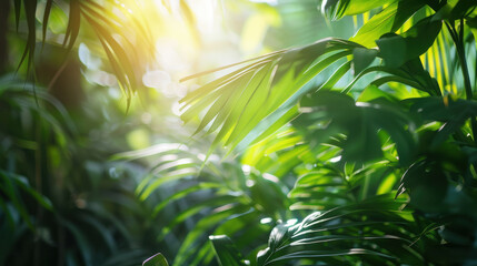 Fototapeta premium Lush green foliage illuminated by sunlight creates serene atmosphere