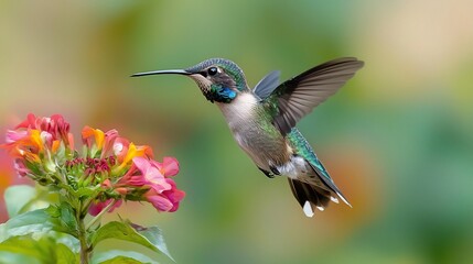 Dazzling hummingbird hovering near a vibrant flower its iridescent feathers shimmering in the soft morning light