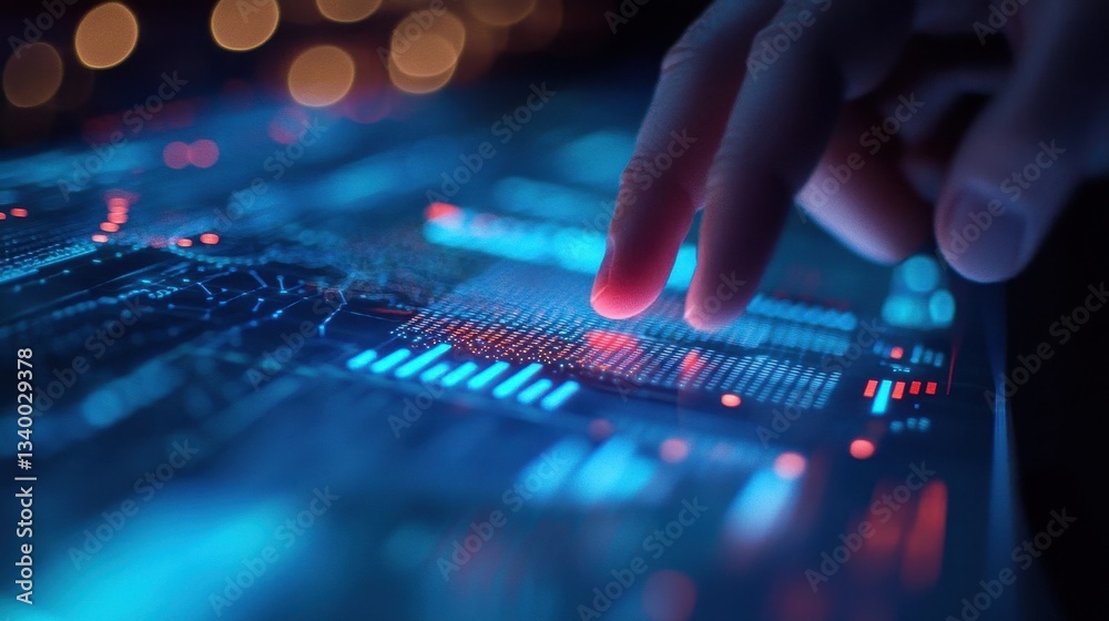 Poster a hand touching a digital screen displaying complex data patterns