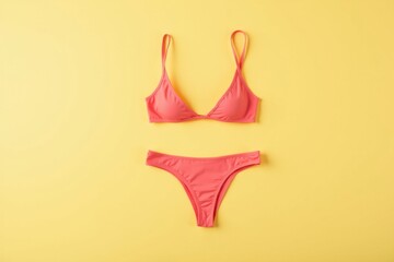 Bright pink bikini set against a yellow background