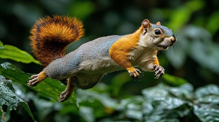 Fototapeta premium Dazzling Indian Giant Squirrel leaping through the jungle canopy its multicolored fur contrasting with the dense foliage