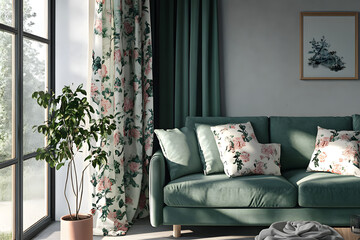 Floral Curtains & Sage Sofa Decor