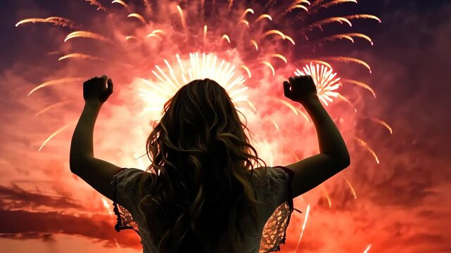 A silhouette of a woman with a happy expression on her face, and her arms raised in the air against the background of fireworks in the sky. Generative 4k video.