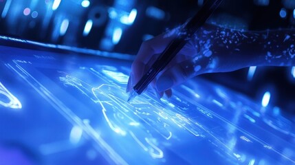 A hand is holding a stylus above a glowing digital surface