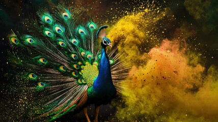 Obraz premium Stylized peacock with a tail blending into vibrant Holi powder splashes, colorful and artistic, perfect for festival of colors illustrations, cultural designs, and decorative patterns.