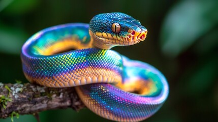 Dazzling rainbow boa coiling around a branch in the Amazon its iridescent scales shimmering with every movement