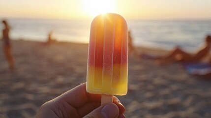 A colorful frozen popsicle being held on a sandy beach