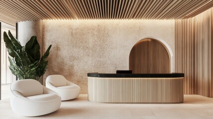 Modern Hotel Lobby with Reception Desk and Comfortable Waiting Area