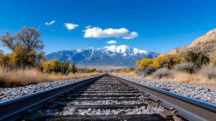 Fototapeta premium Railway Tracks Leading to Snowy Mountains Under a Blue Sky