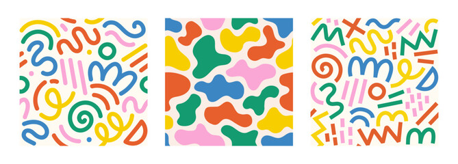 Collection of retro 80s, 90s colorful vector seamless patterns. Doodle fun kid backgrounds. Childish cool geometric design useful for fabric, textile, cover, banner, label, print, wrapping, wallpaper	
