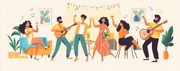 Friends celebrating an engagement with a heartfelt toast and music