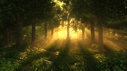 Obraz premium A serene forest clearing bathed in golden sunset light surrounded by lush greenery