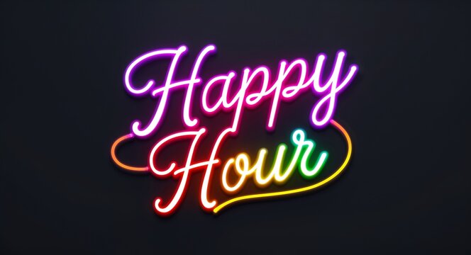 happy hour glowing colorful neon cursive calligraphy lettering on plain black dark background