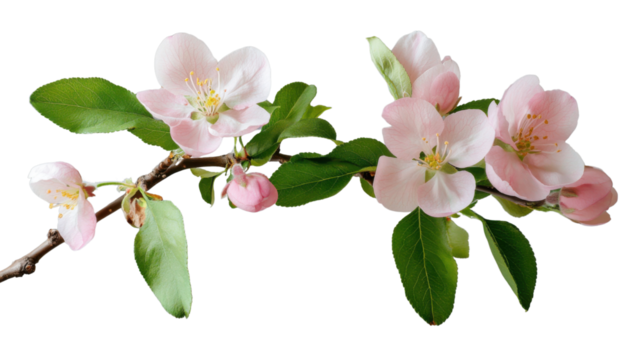 Blooming apple tree branch with pink flowers on transparent background