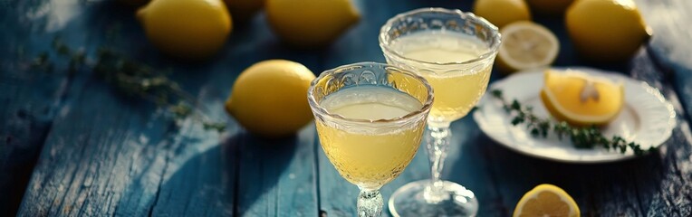 Lemon Drinks in Glasses with Fresh Lemons and Herbs on Wooden Table