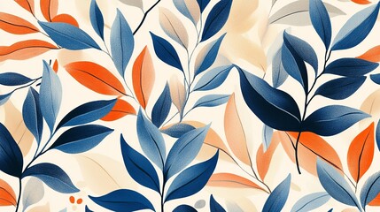 Elegant Blue Orange Floral Pattern Seamless Design Botanical Leaves Illustration Artistic Nature Background Texture Modern Stylish Cream Color Print  