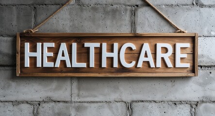 healthcare lettering on wooden sign board hanging on concrete wall background
