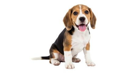 A charming Beagle puppy sits obediently, tongue playfully out, against a stark black background, radiating pure joy and irresistible puppy charm.