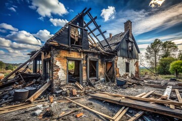 Devastated Home After Fire: Damage Assessment Stock Photo
