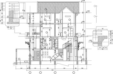 vector sketch illustration of architectural design of a modern minimalist multi-storey house with scale size