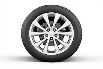 Obraz premium Glossy black car wheel on white background. Artificial Intelligence