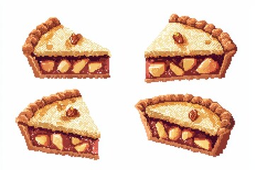 A retro 8-bit pixel art slice of apple pie, shown from three different angles, featuring a golden crust and pixelated details.  .