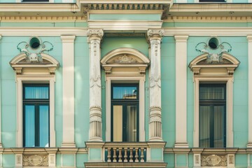 Fototapeta premium Photo of Olive wall and windows of classical building facade in Rome. Detailed image