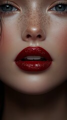 Fototapeta premium A detailed close-up shot reveals a pair of full lips meticulously adorned with a rich, glossy red lipstick. The image showcases a high-resolution macro perspective, highlighting the smooth texture