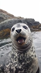 Obraz premium A seal in its natural habitat in Greenland, representing Arctic fauna, surrounded by icy waters and the harsh yet stunning polar environment. .
