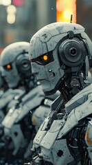 Fototapeta premium Futuristic AI-powered robotic soldiers designed for warfare, depicting a potential World War 3 scenario with advanced military technology and autonomous combat machines. .