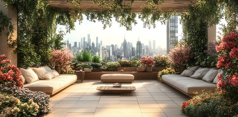 Fototapeta premium Luxury Rooftop Garden Oasis with Stunning City Skyline View