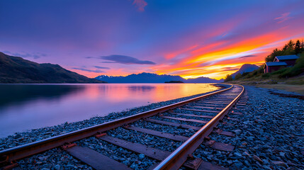 Scenic Coastal Railway at Sunset with Vibrant Sky