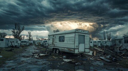 Storm Damaged Trailers Park Under Dark Clouds