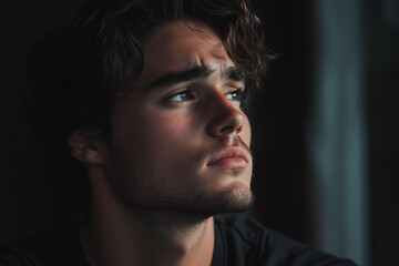 Obraz premium A young man with tousled hair gazes thoughtfully to the side, illuminated by soft light, highlighting his facial features and contemplative expression.