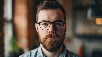 Fototapeta premium focused man with glasses and beard, showcasing serious expression in cozy indoor setting