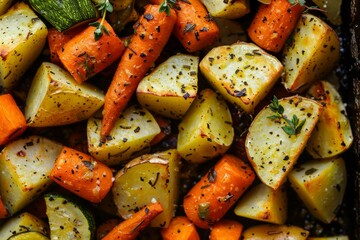Rustic roasted vegetables garnished with fresh herbs. Artificial intelligence image