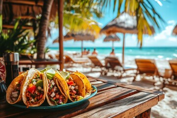 A plate of delicious tacos on a rustic wooden table with the beautiful beach of Cancun in the background, evoking a tropical vacation vibe.  .