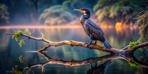 Double-Crested Cormorant at Dusk, Perched on Branch Over Water - Low Light Wildlife Photography