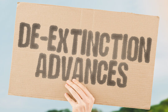 "De-Extinction Advances" on worn cardboard. Highlights progress in resurrecting extinct species. GENETICS. CLONING. SEQUENCING. REVIVAL. SPECIES. ECOSYSTEMS. CONSERVATION