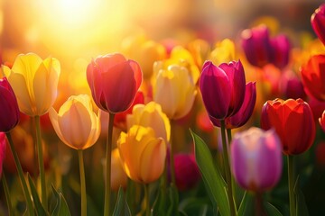 Obraz premium An enchanting field of vibrant tulips illuminated by the warm golden light of sunset, showcasing lush foliage, colorful petals, and a tranquil spring landscape. .