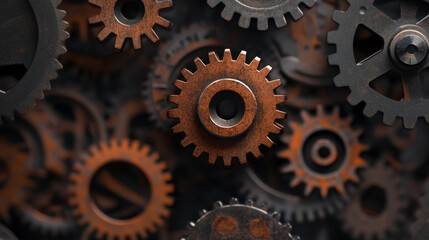 Vintage gears create intricate pattern, showcasing their mechanical beauty and historical significance. rusted textures add character and depth to this industrial scene