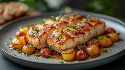 Close-up shot of a pan-seared fish fillet, exhibiting a golden-brown crust and moist interior, served atop a bed of roasted small potatoes with herbs. The potatoes are glistening with a light glaze.