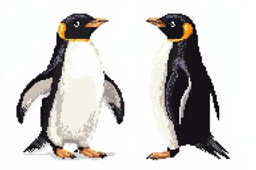 Fototapeta premium An isolated 8-bit pixel penguin character in two angles—front-facing waddling and side profile with flapping wings—designed in a nostalgic retro style on a white background. .