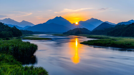 Serene Sunrise Over Mountains and River